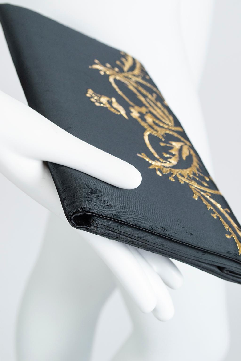 Black Satin Scarf and Matching Evening Clutch with Gold Embroidery – 53”, 1950s For Sale 7