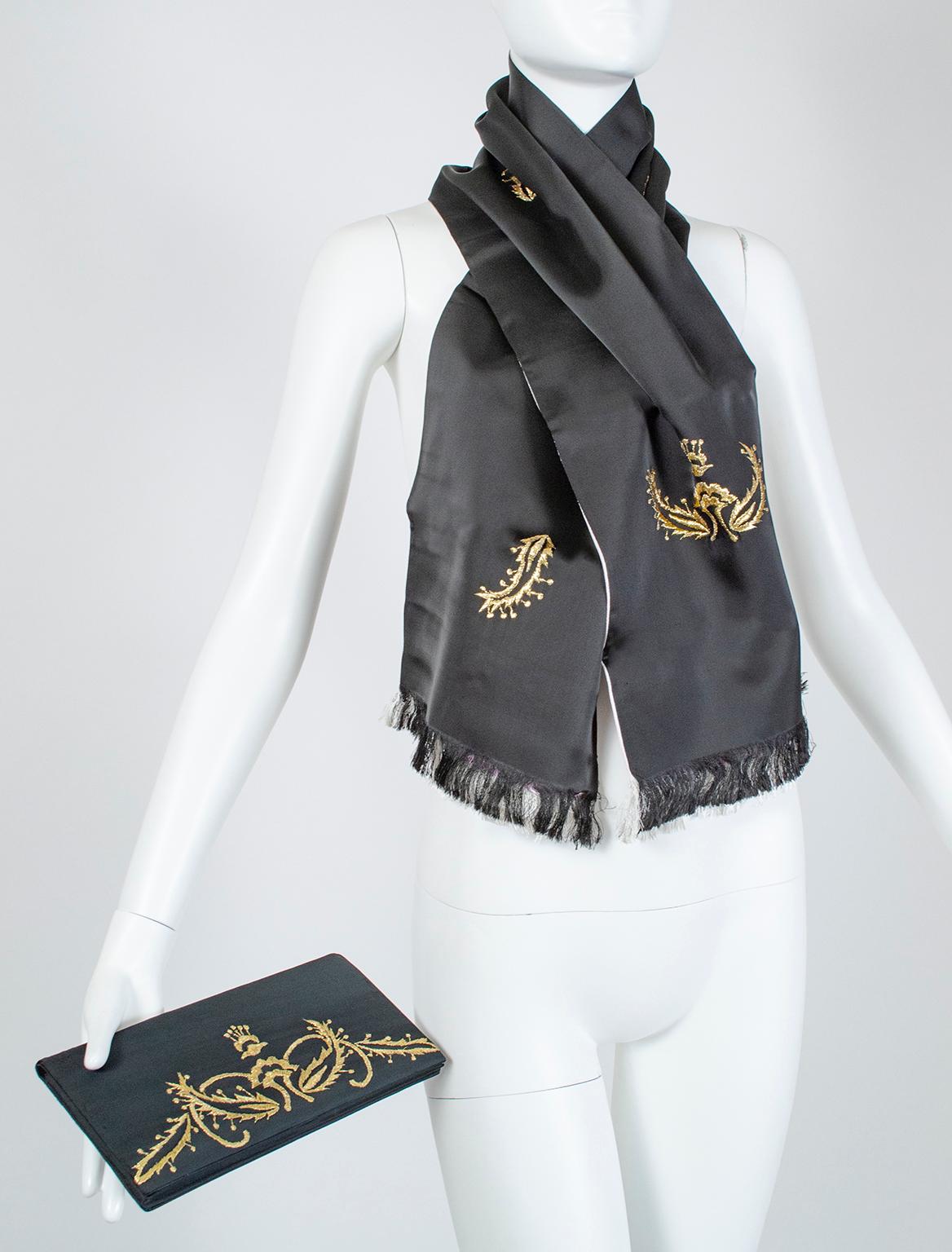 When no self-respecting woman left the house with mismatched accessories comes this matching scarf and evening clutch set, which would look devastating with our gold lamé and black satin stilettos sold under separate listing. Just the thing to make