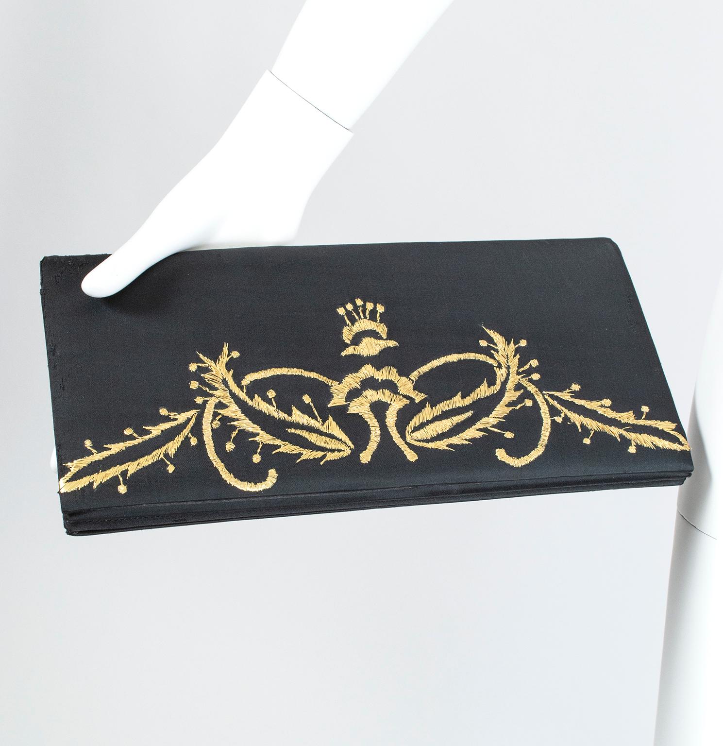 Black Satin Scarf and Matching Evening Clutch with Gold Embroidery – 53”, 1950s For Sale 1
