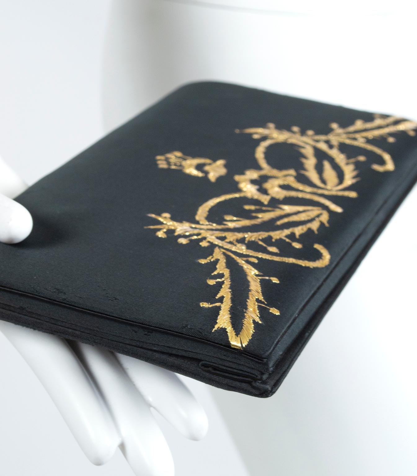 Black Satin Scarf and Matching Evening Clutch with Gold Embroidery – 53”, 1950s For Sale 3