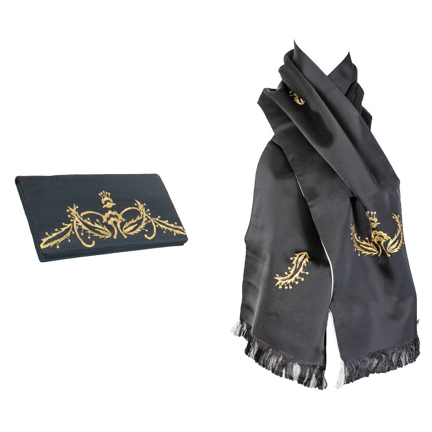 Foulard di raso nero e pochette da sera abbinata con ricami dorati - 53", anni '50 in vendita