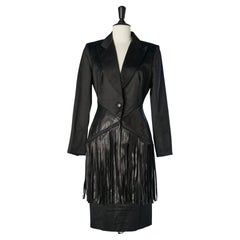 Combinaison jupe en satin noir avec franges en cuir noir Thierry Mugler Couture 