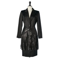 Gonna-tuta in raso nero con frange in pelle nera Thierry Mugler Couture