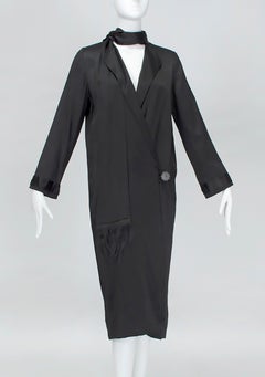 Black Satin Wrapping Cocoon Flapper Coat with Eyelash Fringe Sash – XS, 1920s