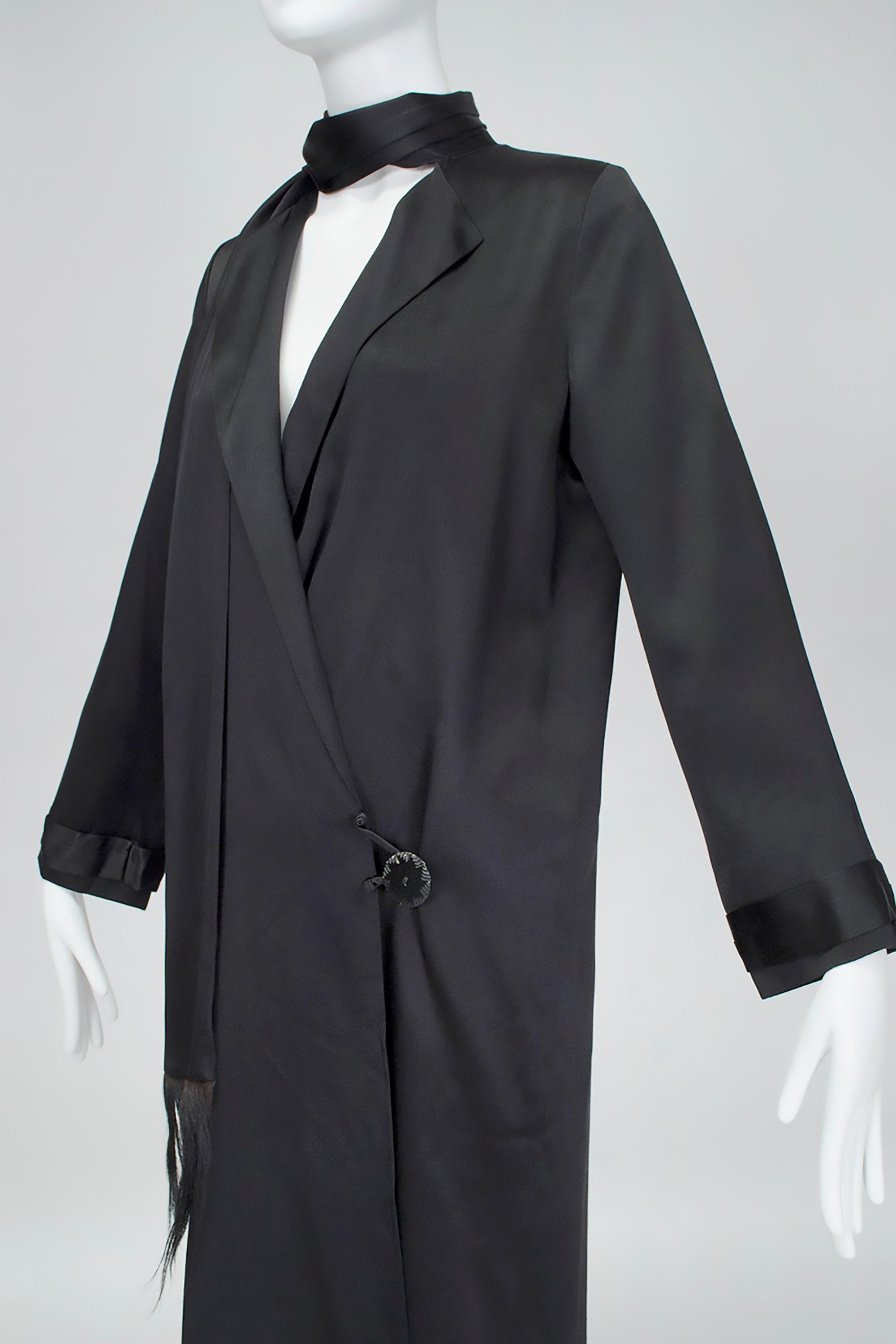 Black Satin Wrapping Cocoon Flapper Coat with Eyelash Fringe Sash – XS, 1920s For Sale 1