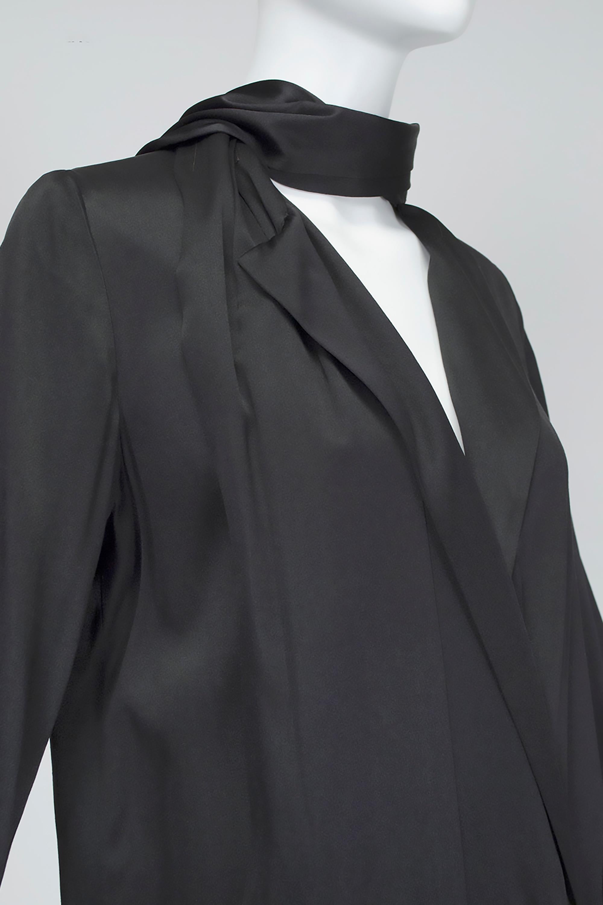 Black Satin Wrapping Cocoon Flapper Coat with Eyelash Fringe Sash – XS, 1920s For Sale 2