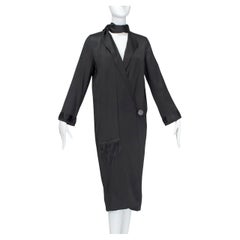 Antique Black Satin Wrapping Cocoon Flapper Coat with Eyelash Fringe Sash – XS, 1920s