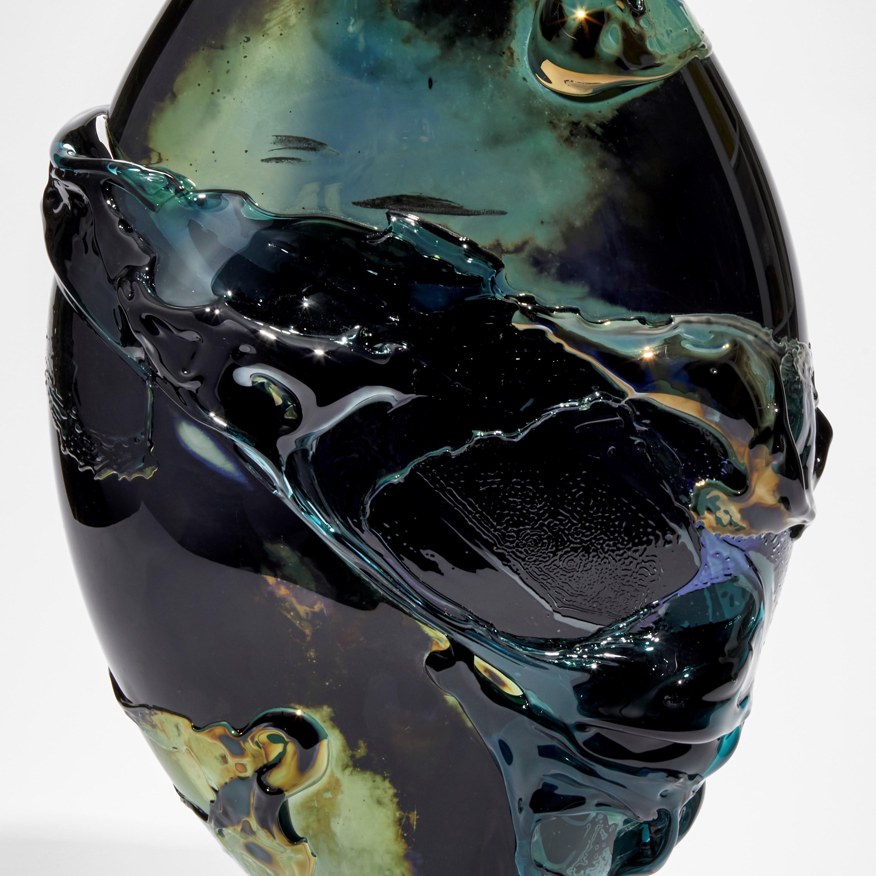 British Black Sea II, Unique Black, Green & Aqua Sculptural Glass Vessel by Bethany Wood