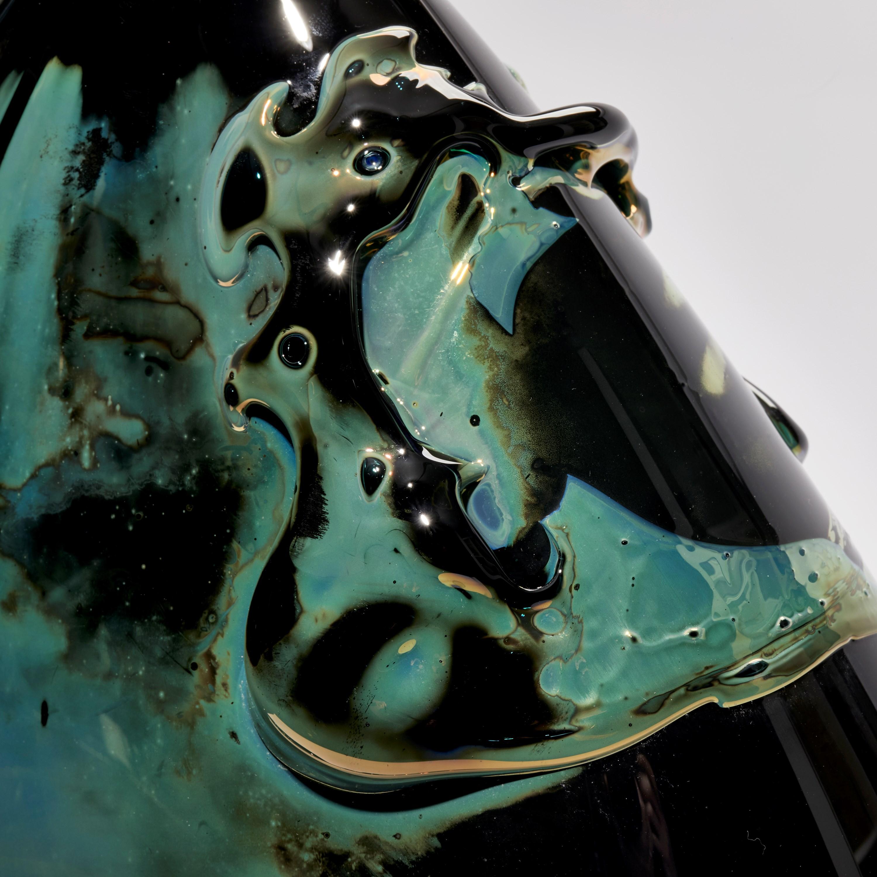 Hand-Crafted Black Sea II, Unique Black, Green & Aqua Sculptural Glass Vessel by Bethany Wood