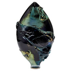 Black Sea II, Unique Black, Green & Aqua Sculptural Glass Vessel by Bethany Wood