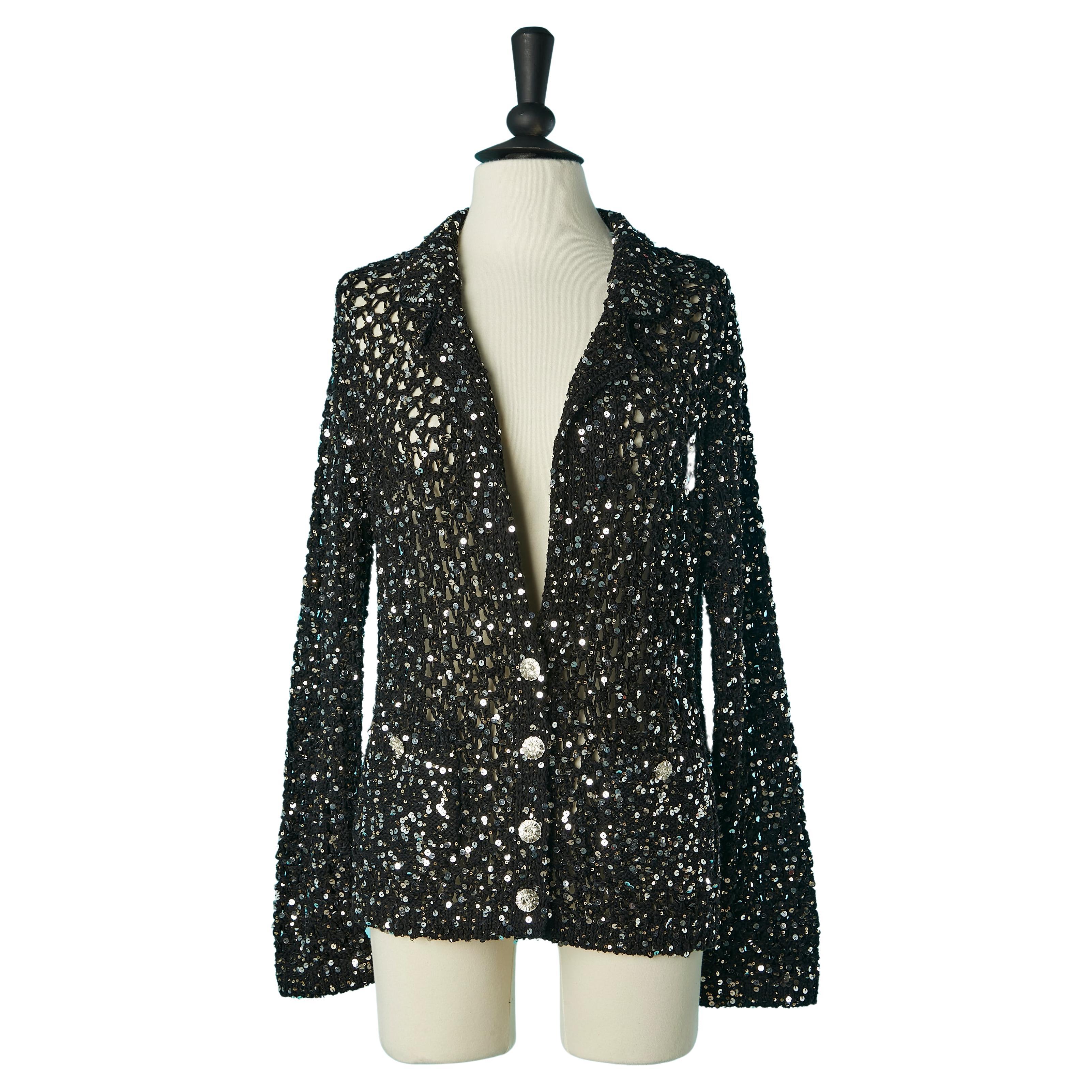 Black see-through cotton knit evening cardigan with sequins Chanel Resort 2023 For Sale