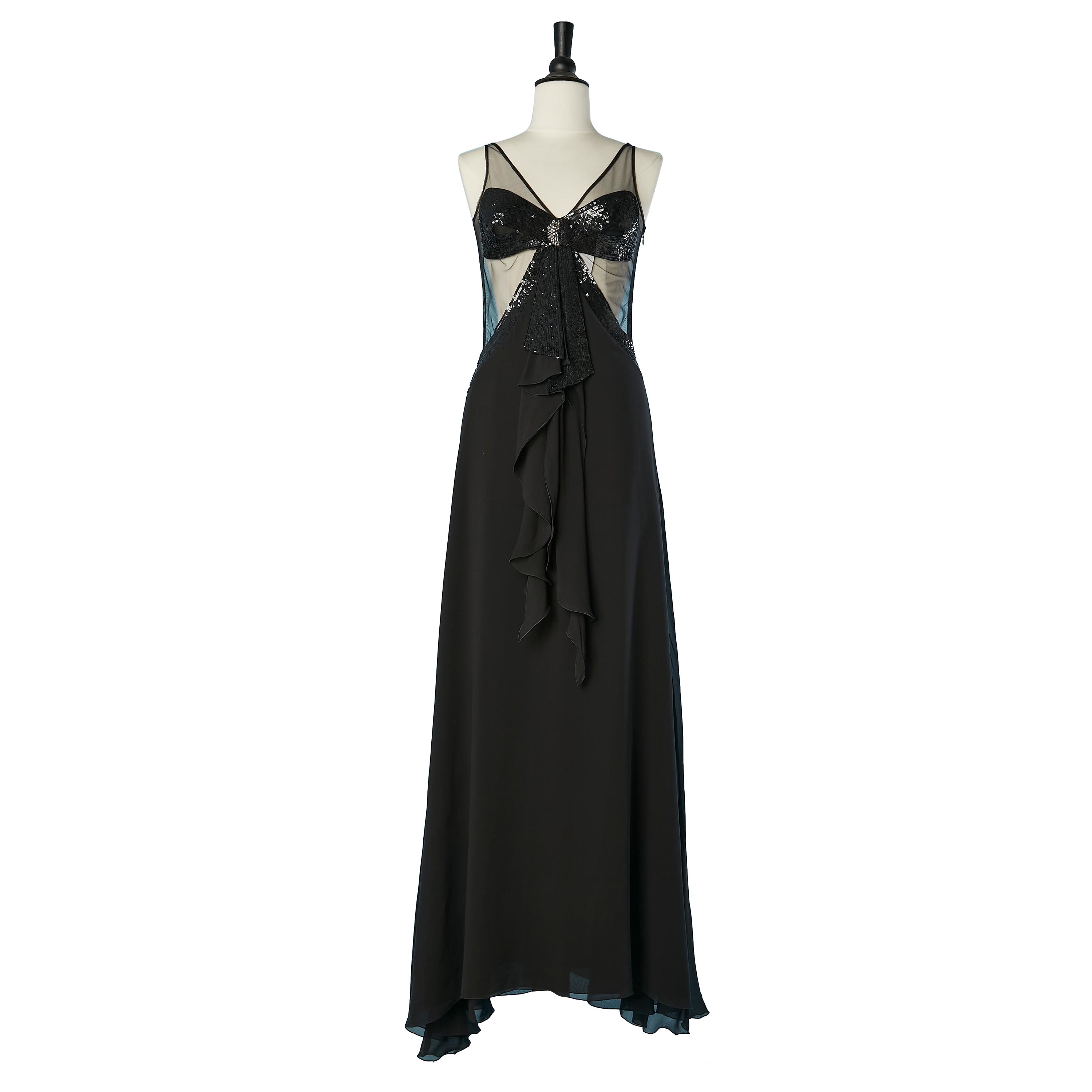 Schwarzes durchsichtiges Abendkleid mit schwarzem und silbernem Pailletten Gai Mattiolo, NEU