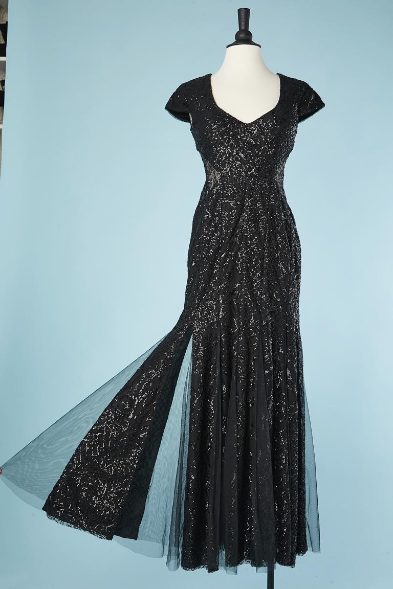 Women's Black see-through evening dress with sequin embroidered Gai Mattiolo Red Carpet  For Sale