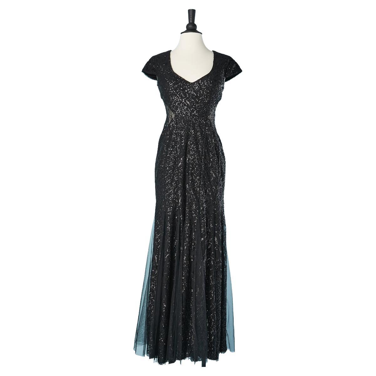 Black see-through evening dress with sequin embroidered Gai Mattiolo Red Carpet  For Sale