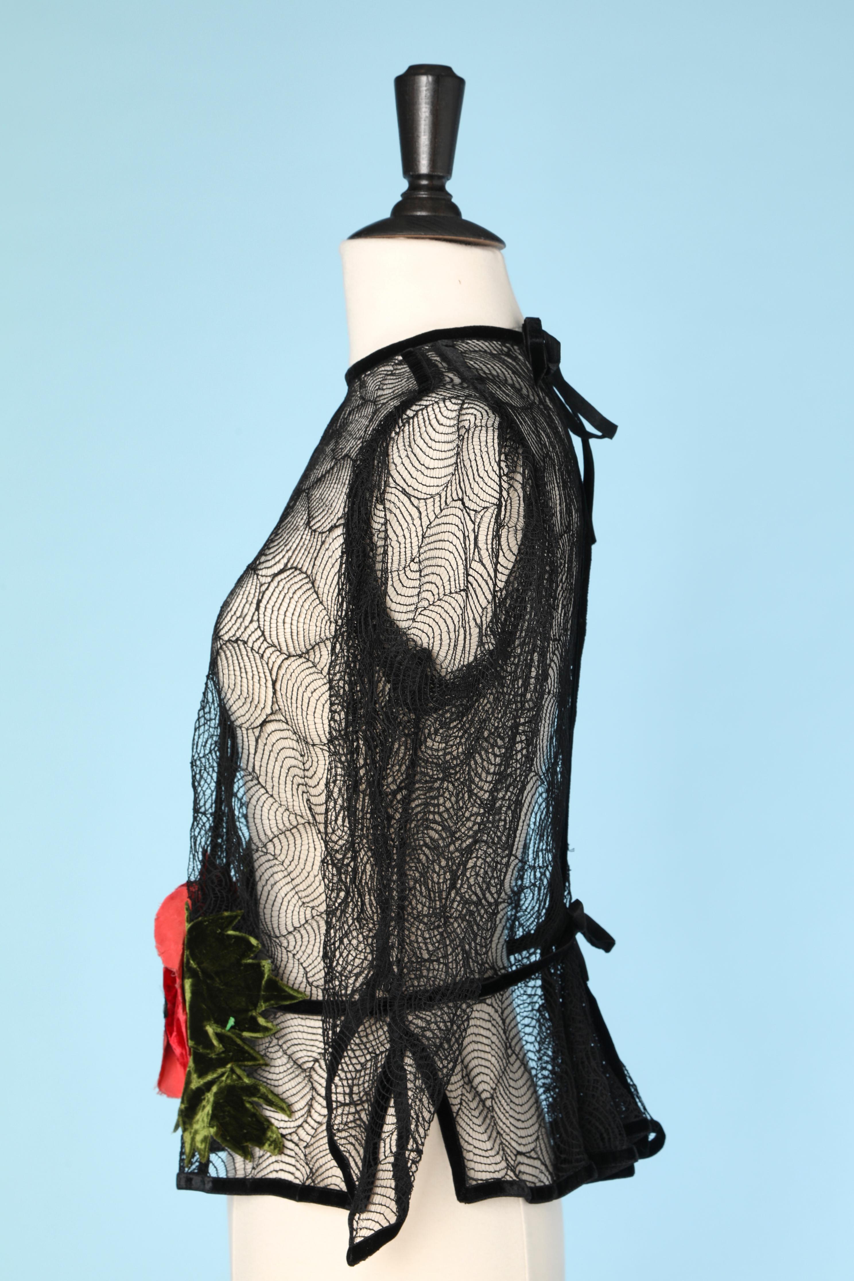 Women's Black see-through lace blouse with velvet flower Circa 1930's  For Sale