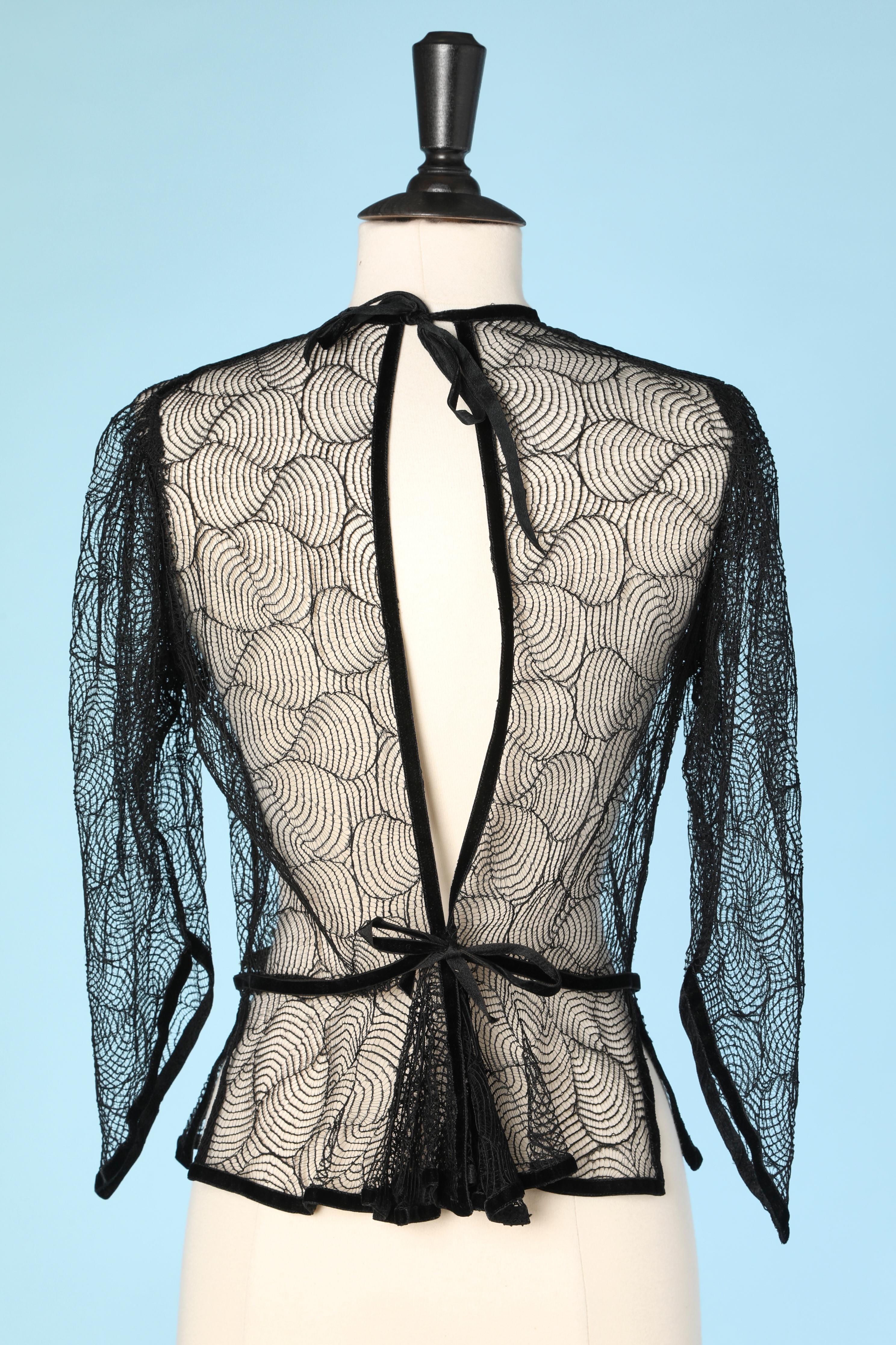 Black see-through lace blouse with velvet flower Circa 1930's  For Sale 1