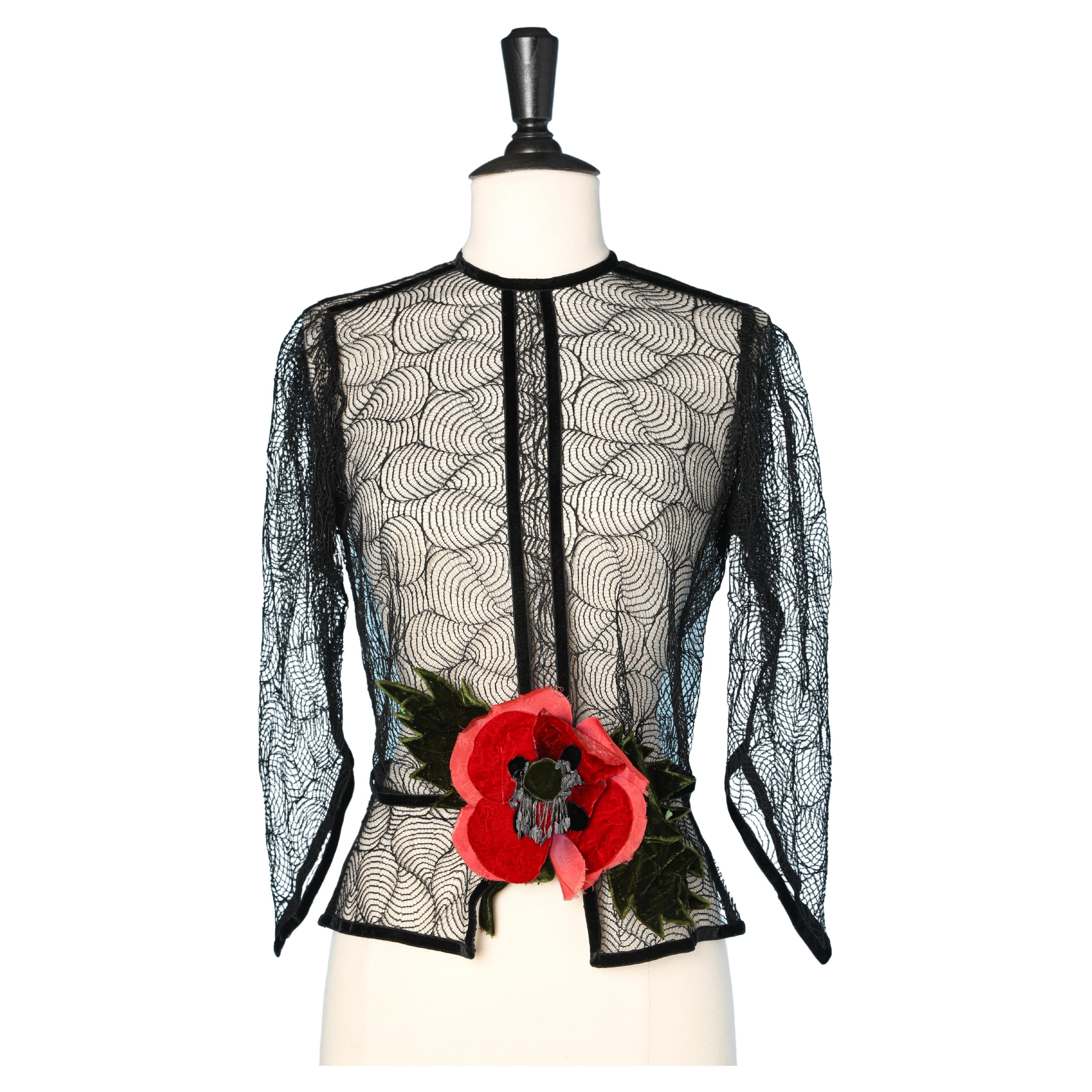 Black see-through lace blouse with velvet flower Circa 1930's  For Sale