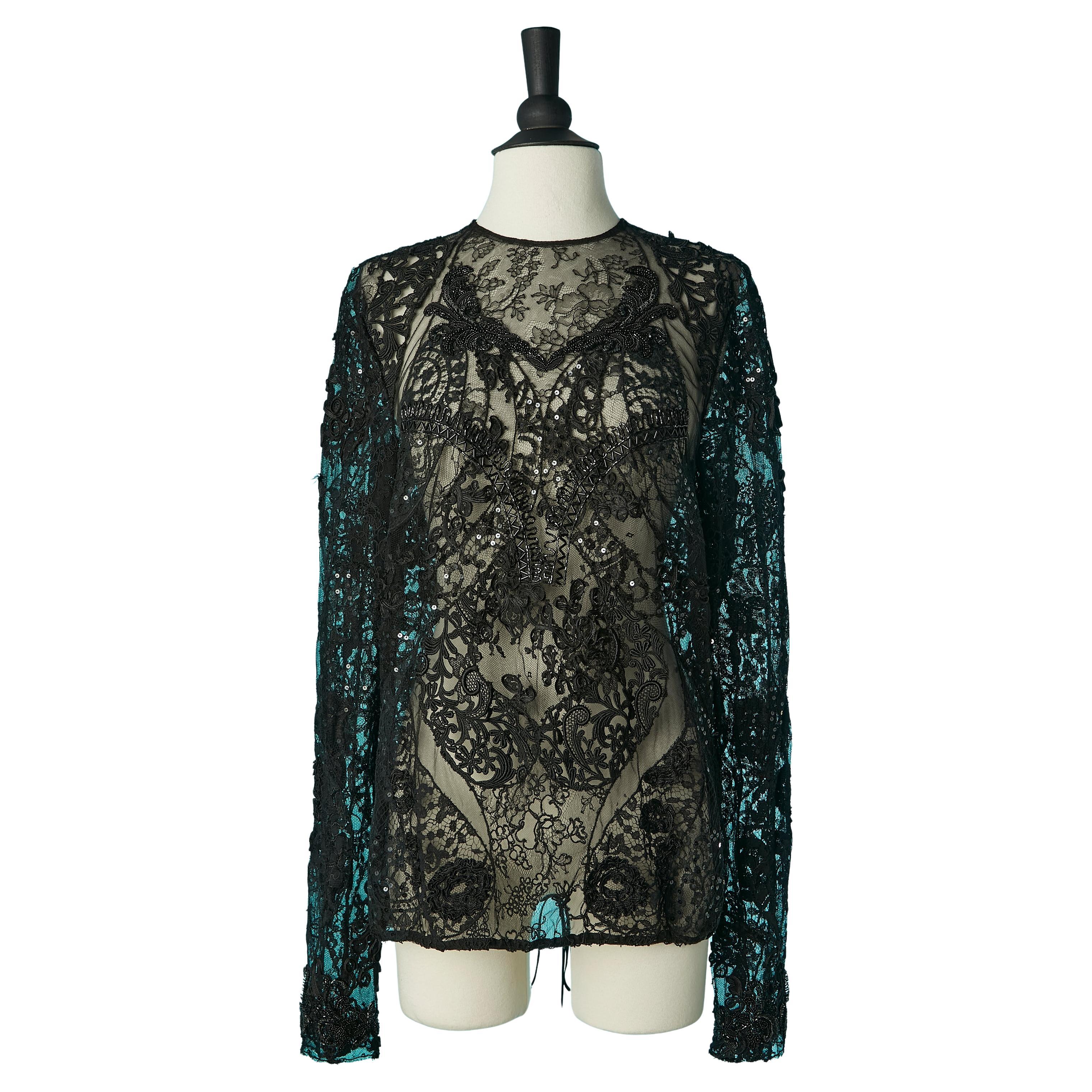 Black see-through lace top with beadwork embellishment and sequin TOM FORD