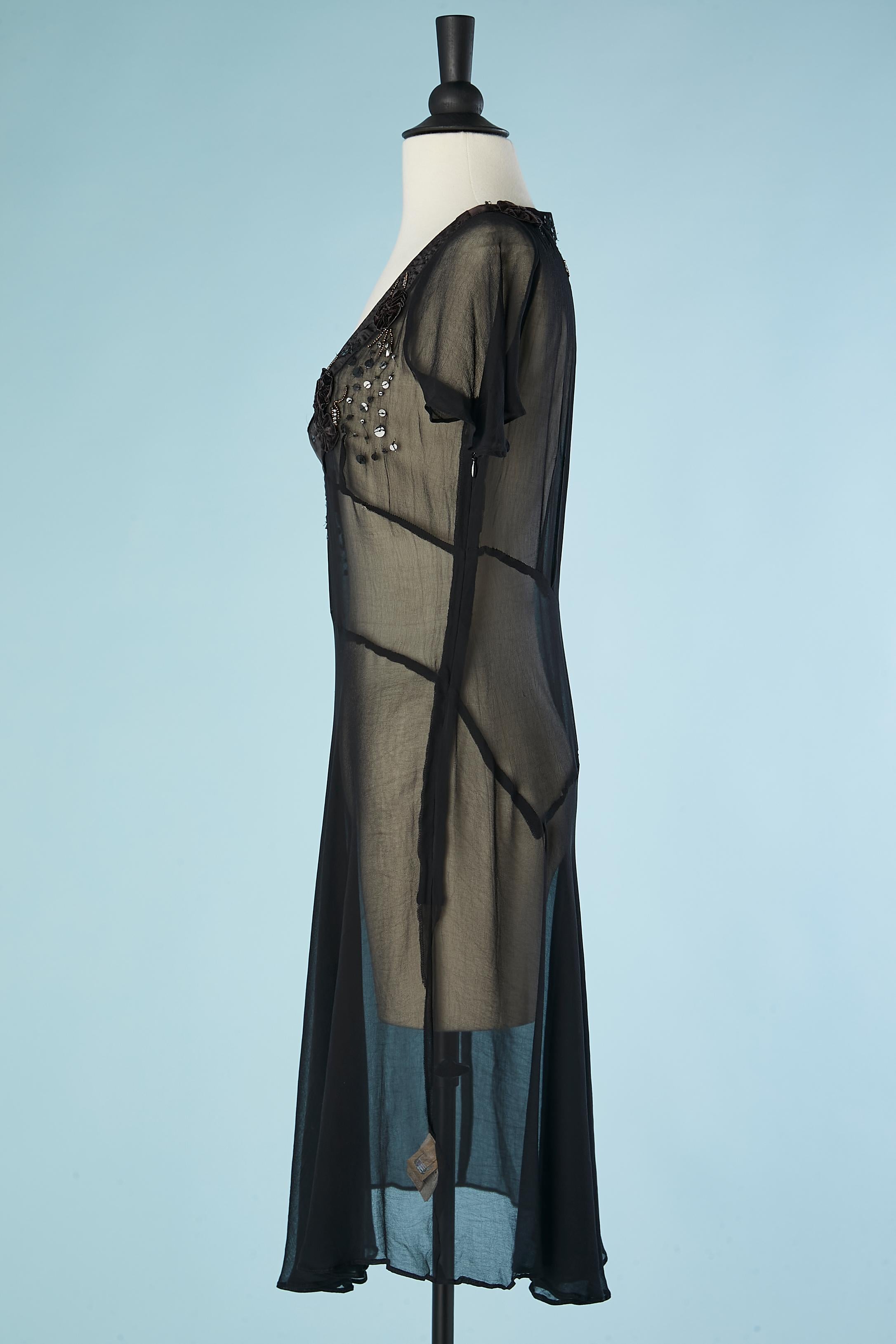 Women's Black see-through silk chiffon dress with embroideries John Galliano