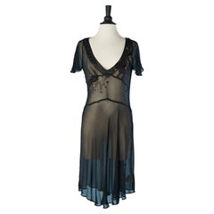 Black see-through silk chiffon dress with embroideries John Galliano