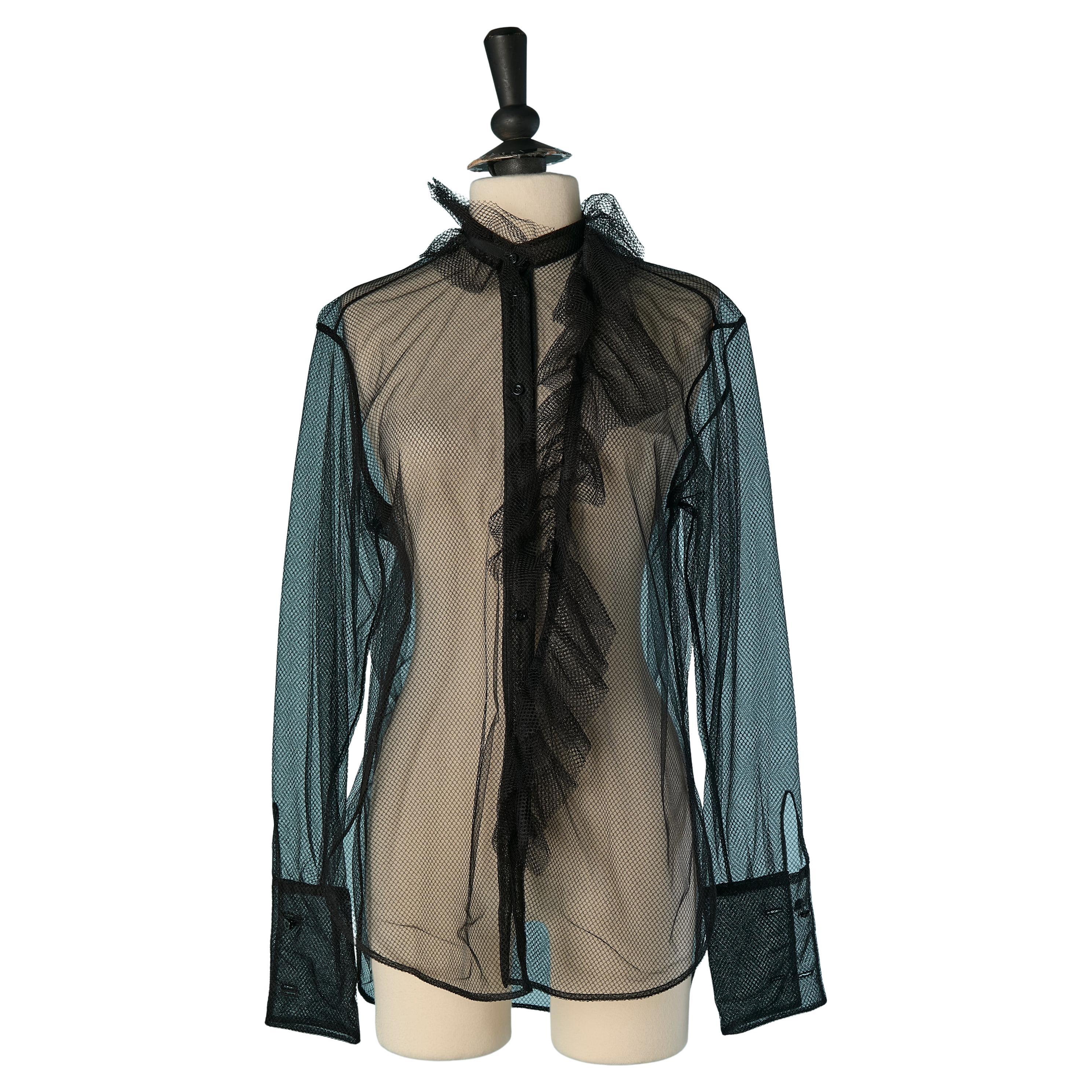 Camisa negra de tul transparente con jabot de volantes CHRISTIAN DIOR