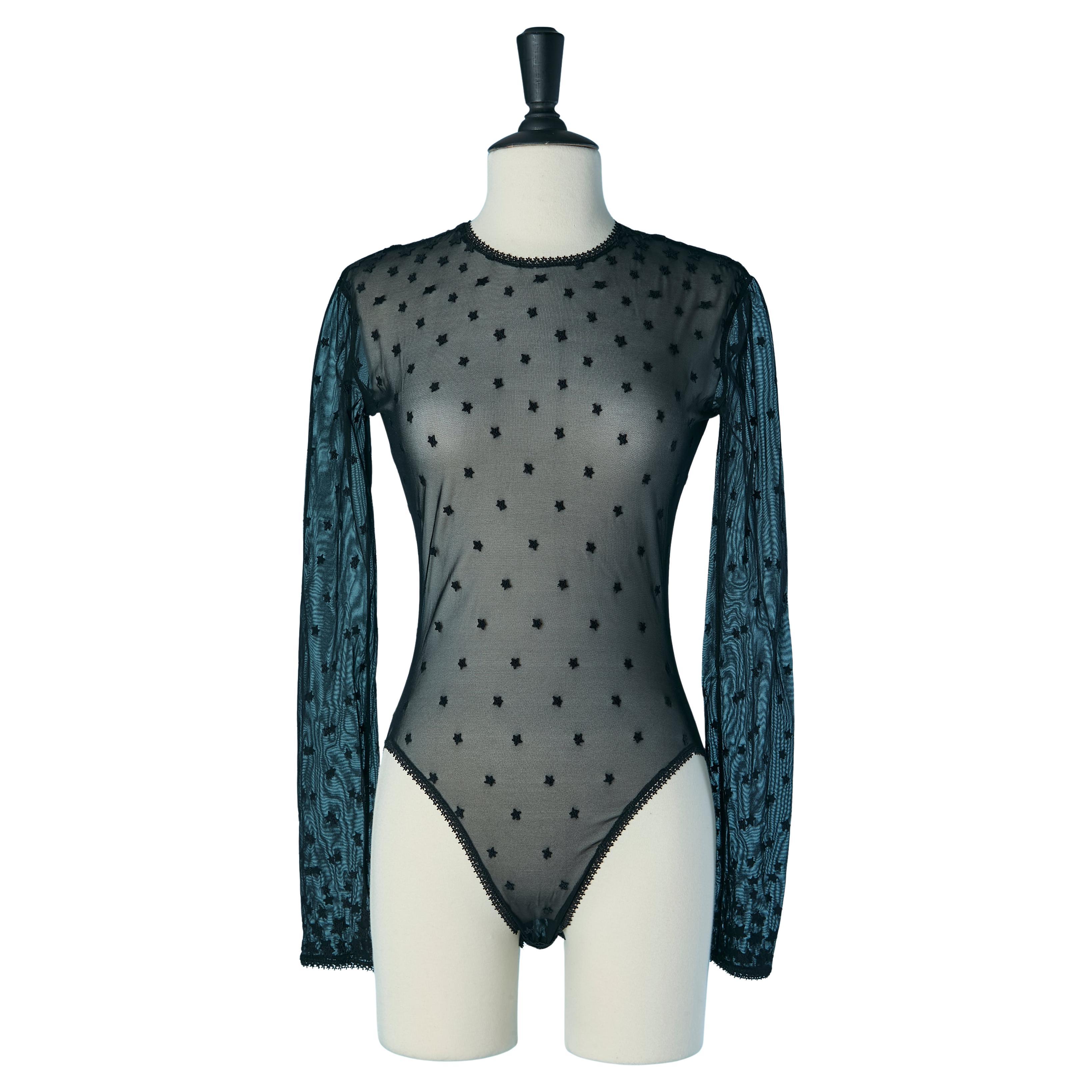 Black see-through tulle stretch with star embroidery SUITE by CHANTAL THOMASS For Sale