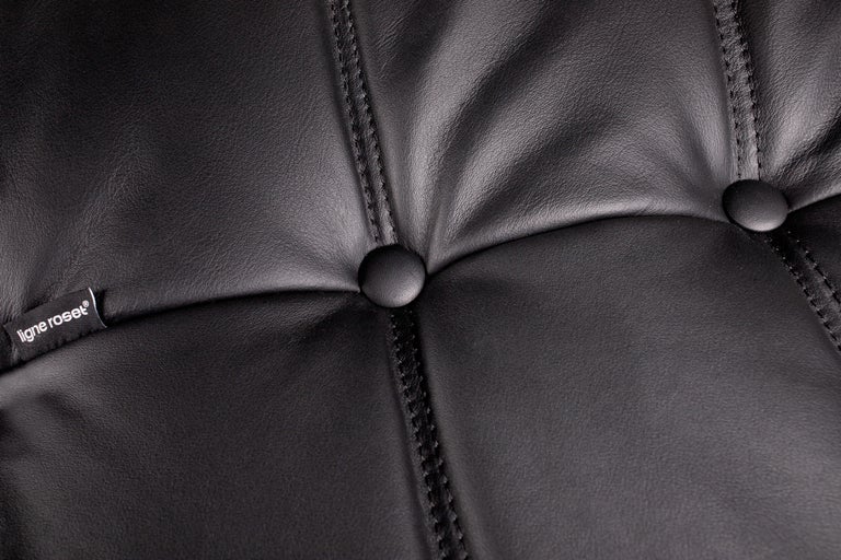 Black Semi-Aniline Leather Togo Set, Armchair & Ottoman, 1970s, Reupholstered 7