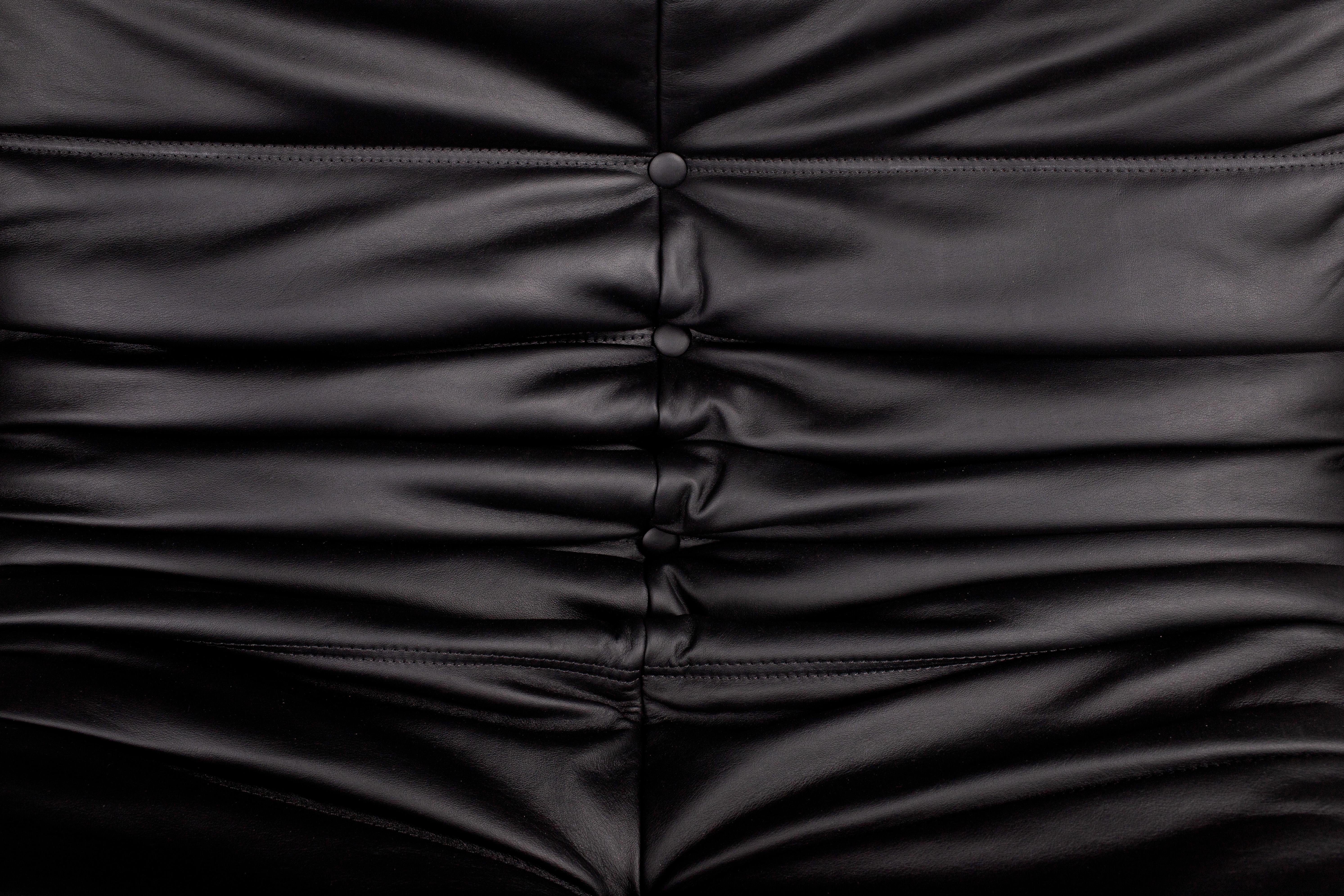 Black Semi-Aniline Leather Togo Set, Armchair & Ottoman, 1970s, Reupholstered 8