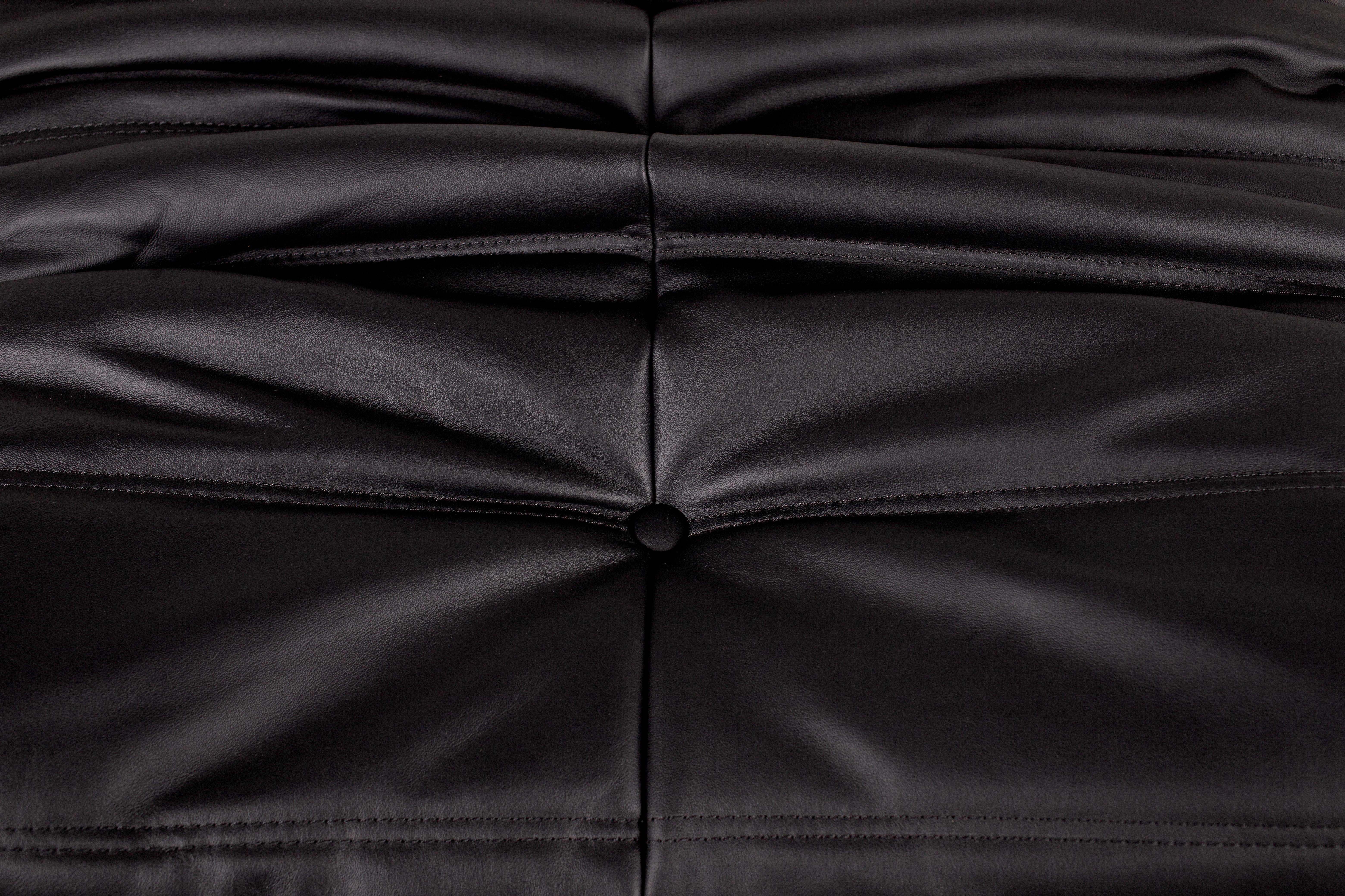 Black Semi-Aniline Leather Togo Set, Armchair & Ottoman, 1970s, Reupholstered 9
