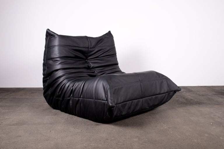 20th Century Black Semi-Aniline Leather Togo Set, Armchair & Ottoman, 1970s, Reupholstered