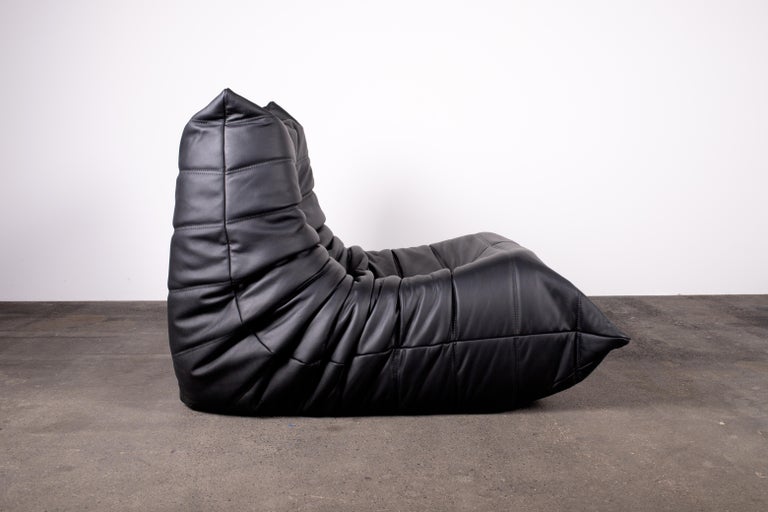 Black Semi-Aniline Leather Togo Set, Armchair & Ottoman, 1970s, Reupholstered 1