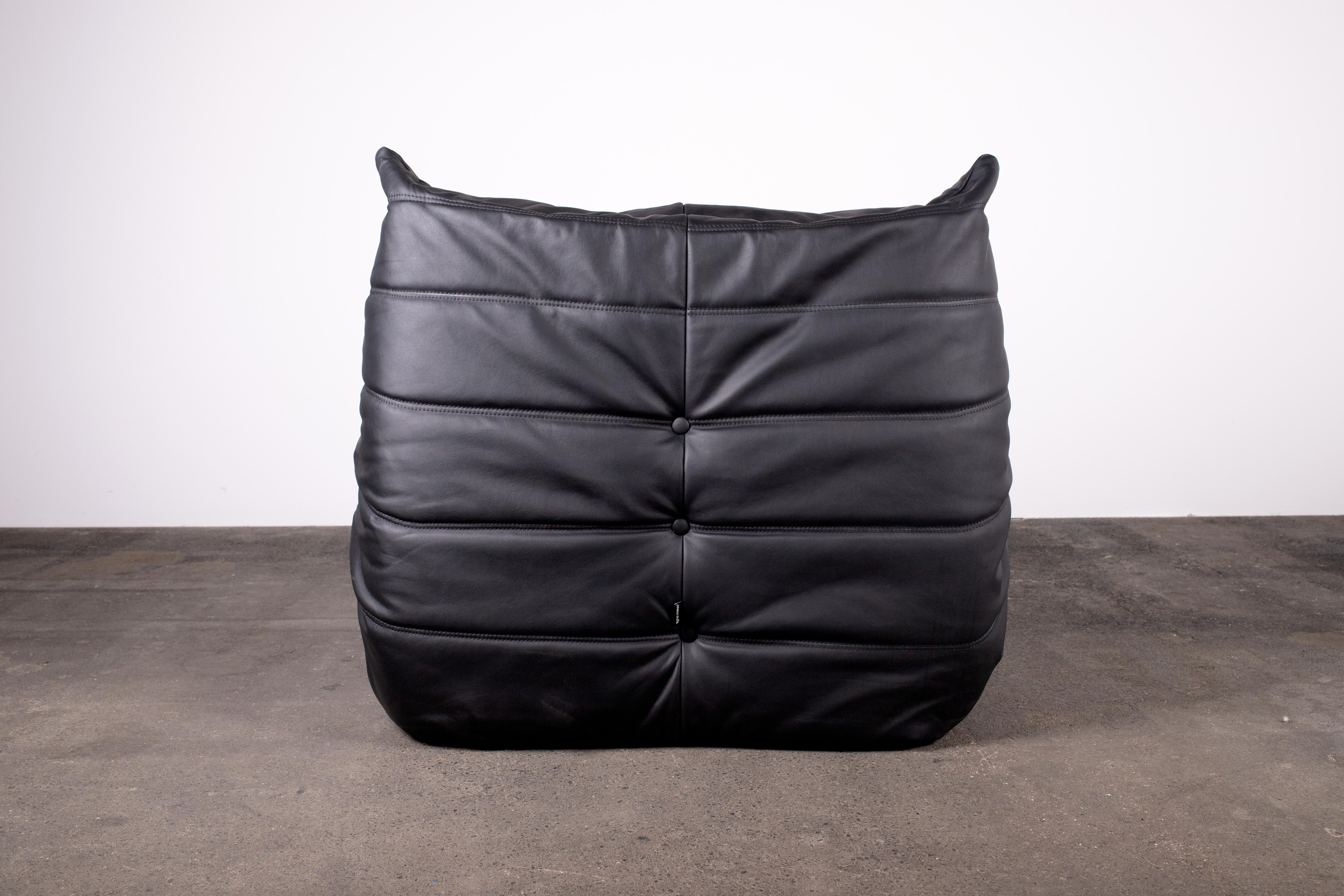 Black Semi-Aniline Leather Togo Set, Armchair & Ottoman, 1970s, Reupholstered 2
