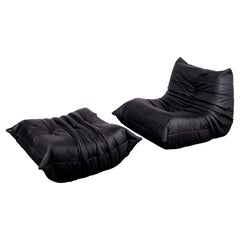 Black Semi-Aniline Leather Togo Set, Armchair & Ottoman, 1970s, Reupholstered