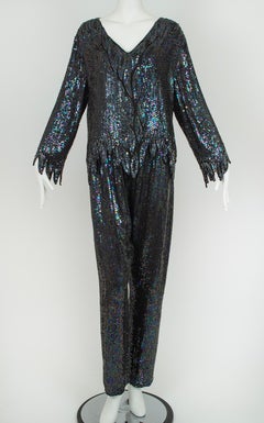 Lillie Rubin 3-Piece Black Sequin Zig Zag Top, Skirt and Jogger Set – M-L, 1980s