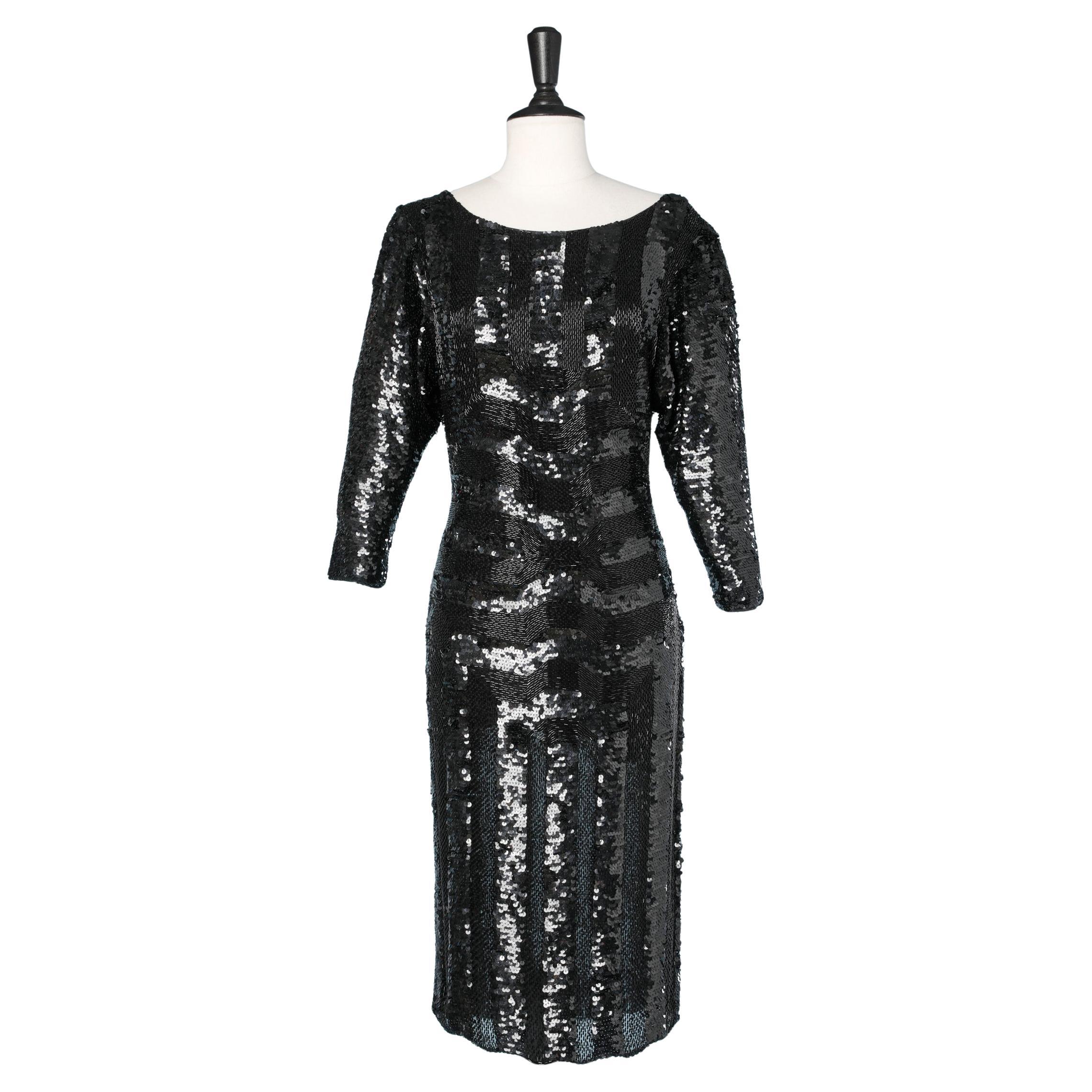 Schwarzes Cocktailkleid mit Pailletten und Perlenstickerei CIRCA 1980er Jahre
