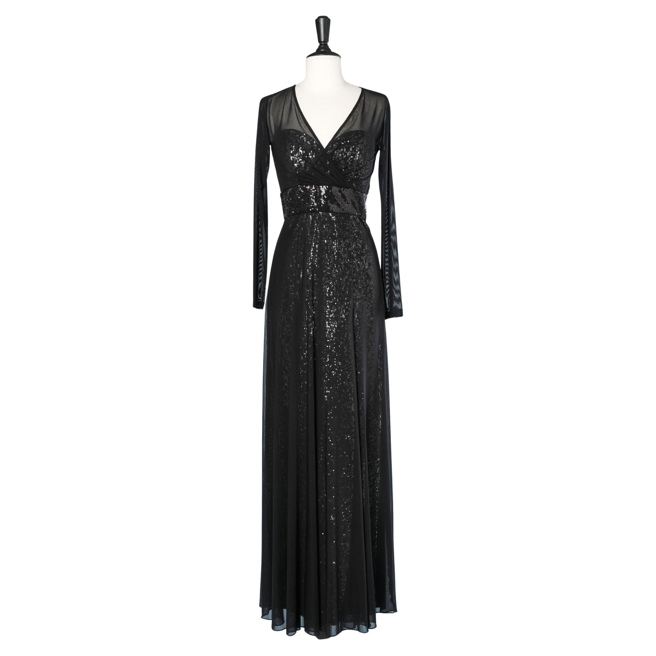 Black sequin bustier evening dress with see-through tulle VICKY TIEL For Sale