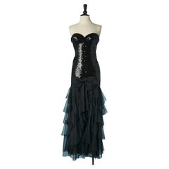 Black sequin bustier evening dress with tulle ruffles and bow LORIS AZZARO