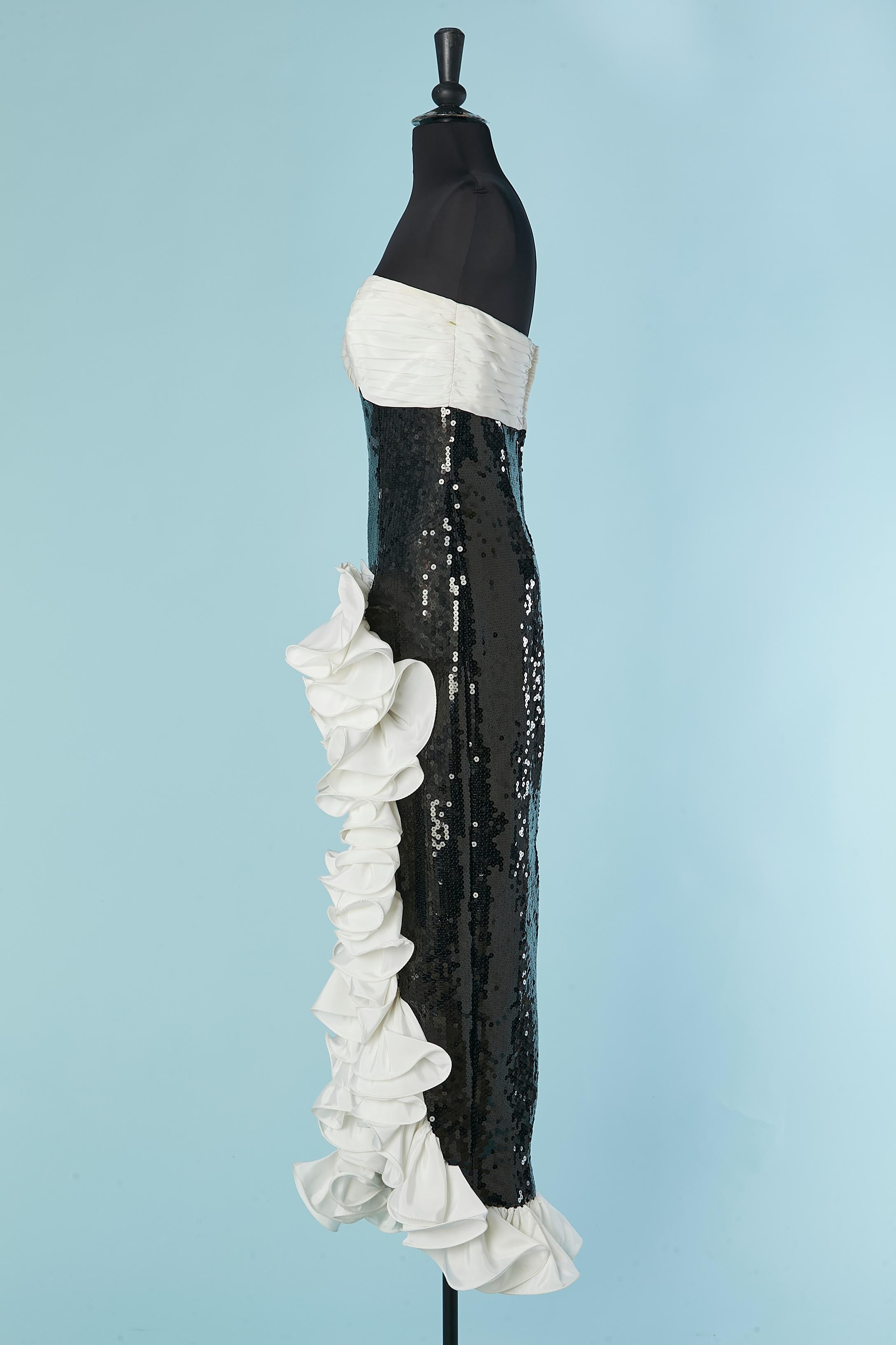 Abito da sera bustier nero con paillettes e volant bianchi TADASHI in vendita 1