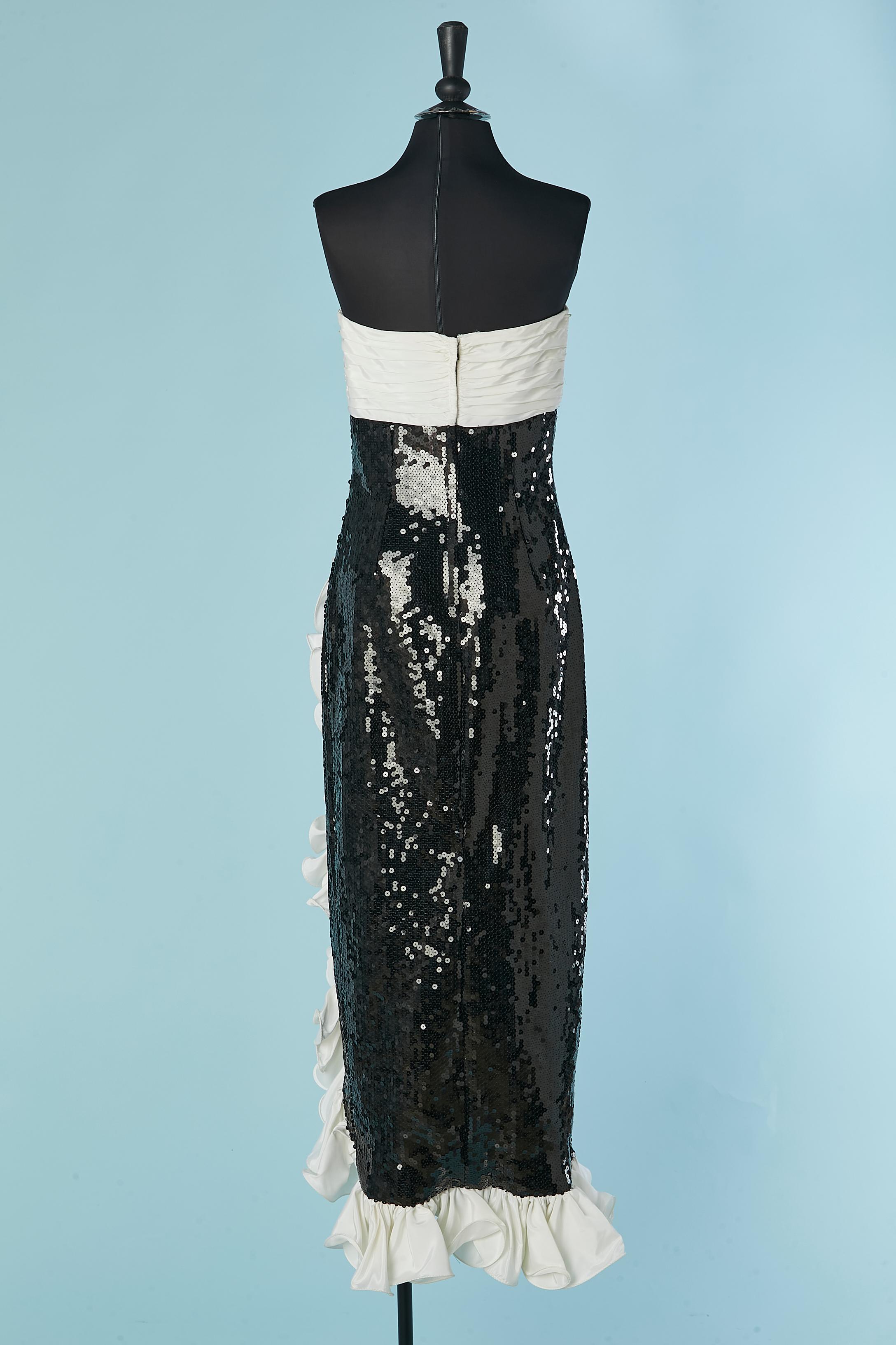 Abito da sera bustier nero con paillettes e volant bianchi TADASHI in vendita 2