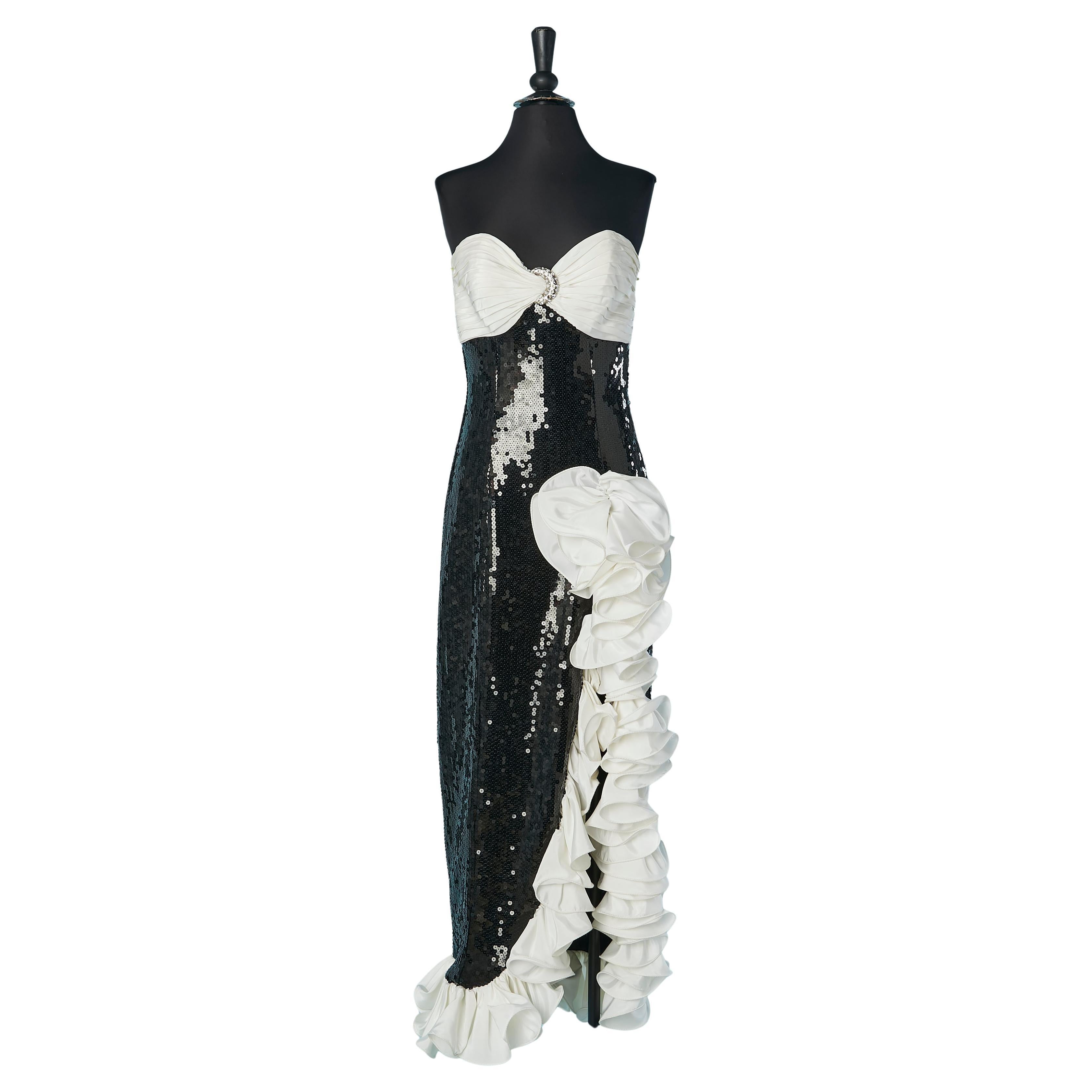 Abito da sera bustier nero con paillettes e volant bianchi TADASHI in vendita