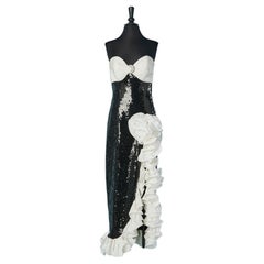 Black sequin bustier evening dress with white ruffles TADASHI