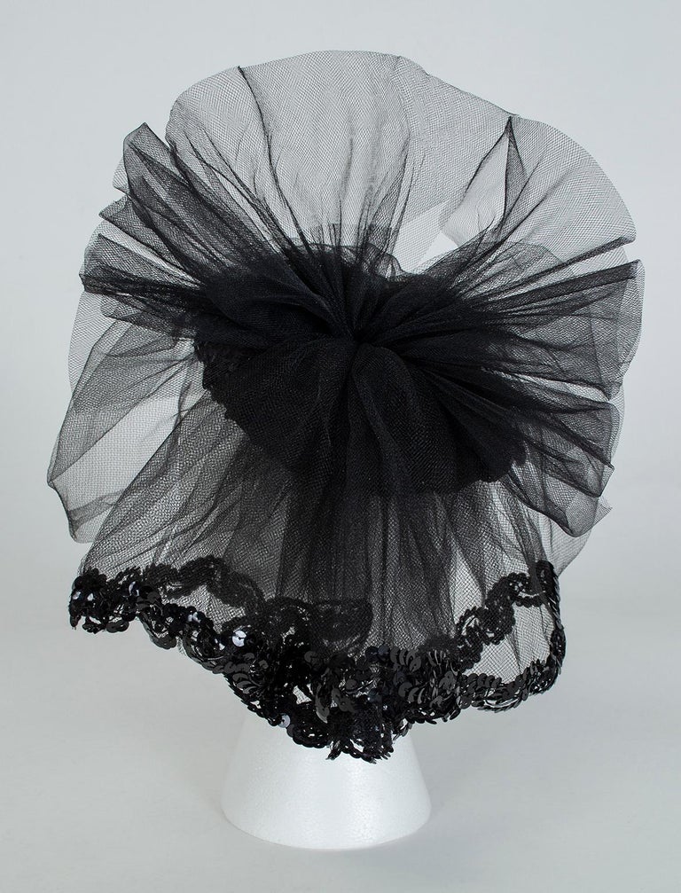 Women's Black Sequin Cocktail Hat with Cage Veil, 1950s For Sale