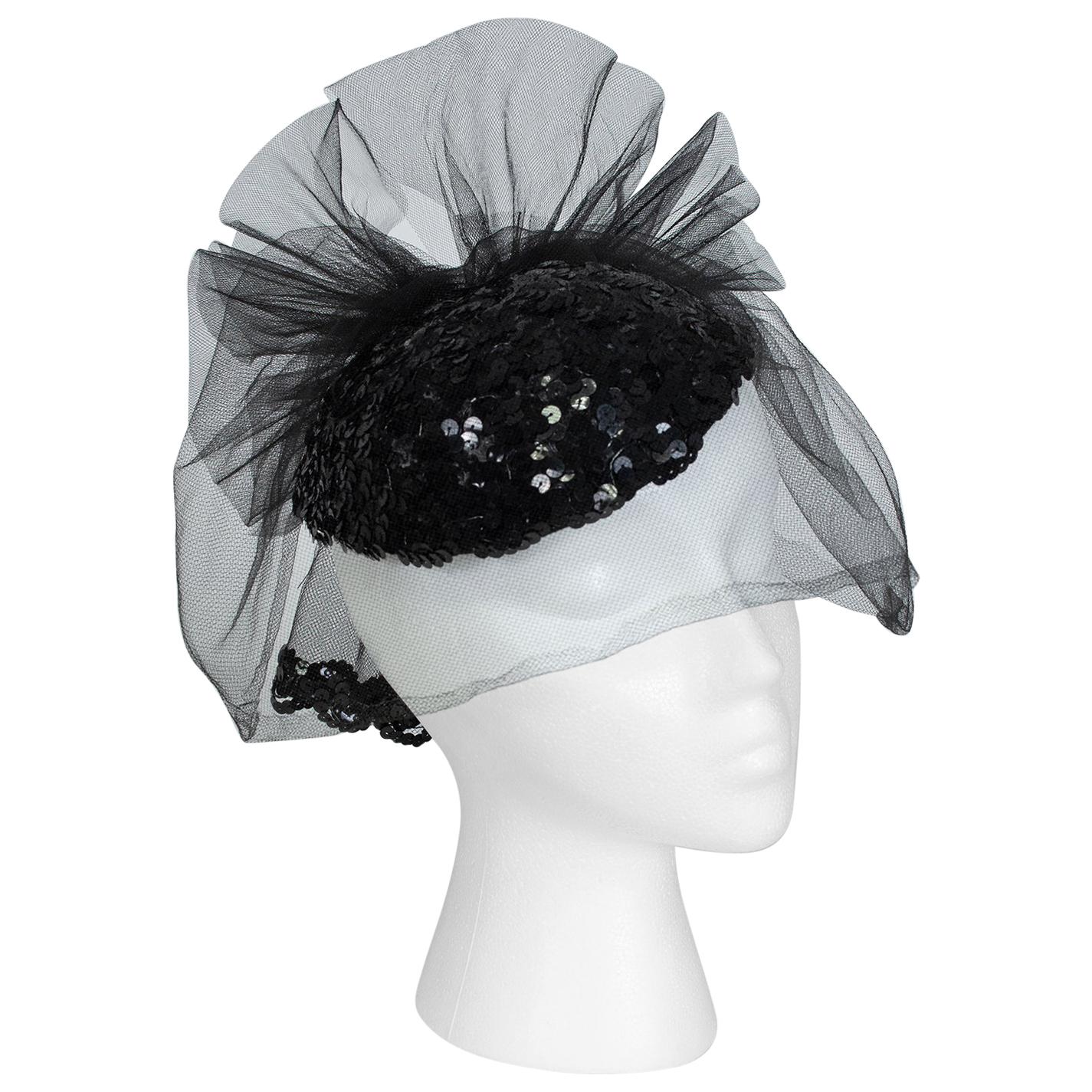 Black Sequin Cocktail Hat with Cage Veil, 1950s For Sale
