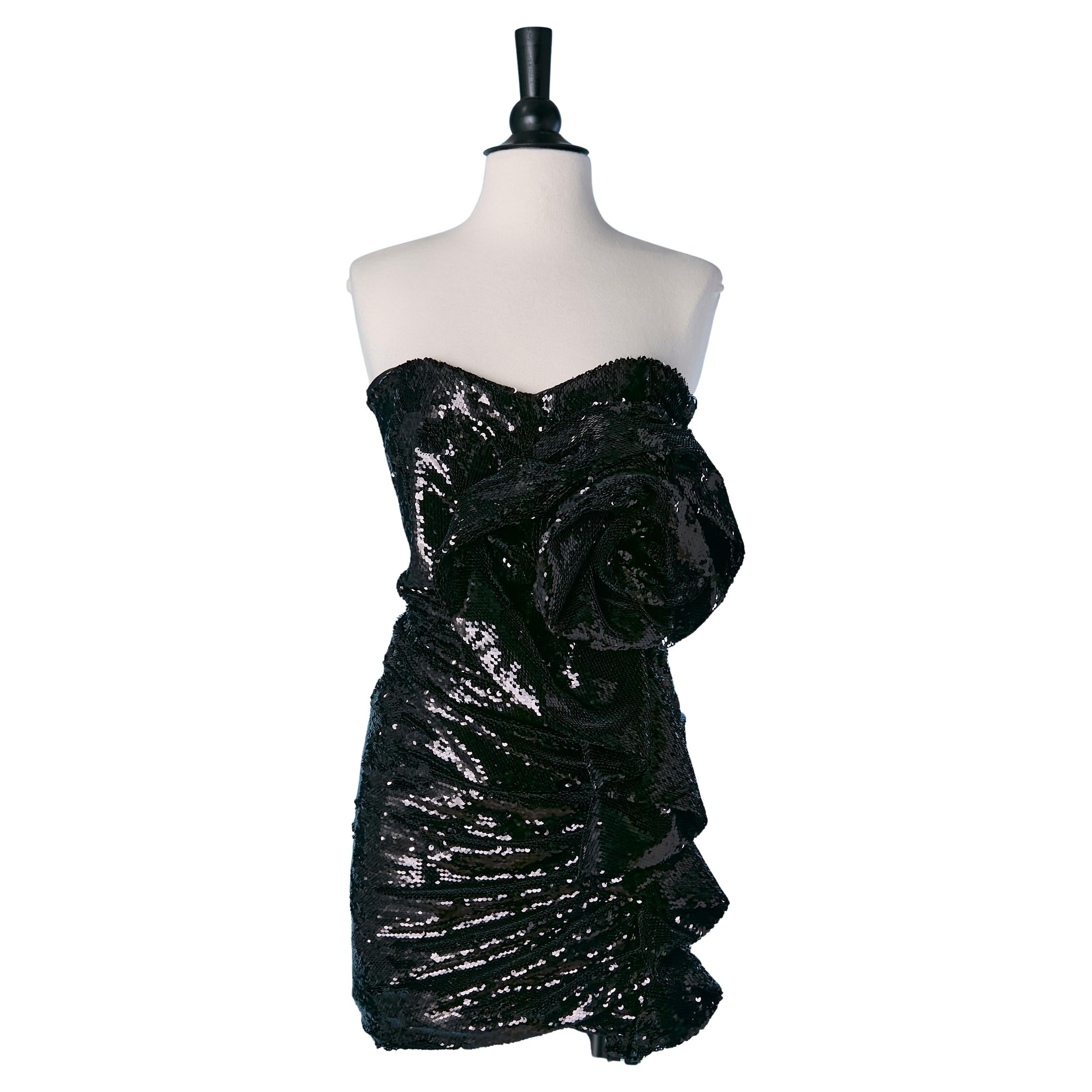 Black sequin draped mini bustier dress with flower ALEXANDRE VAUTHIER