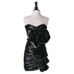 Black sequin draped mini bustier dress with flower ALEXANDRE VAUTHIER Black sequin draped mini bustier dress with flower ALEXANDRE VAUTHIER