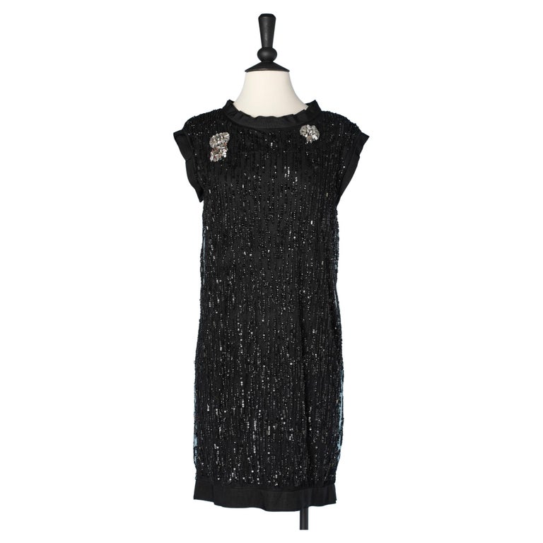 Black sequin dress on a tulle base and rhinestone brooches Lanvin by Alber  Elbaz For Sale at 1stDibs | brooches on dresses, brooches for dresses, zara  velvet rhinestone dress
