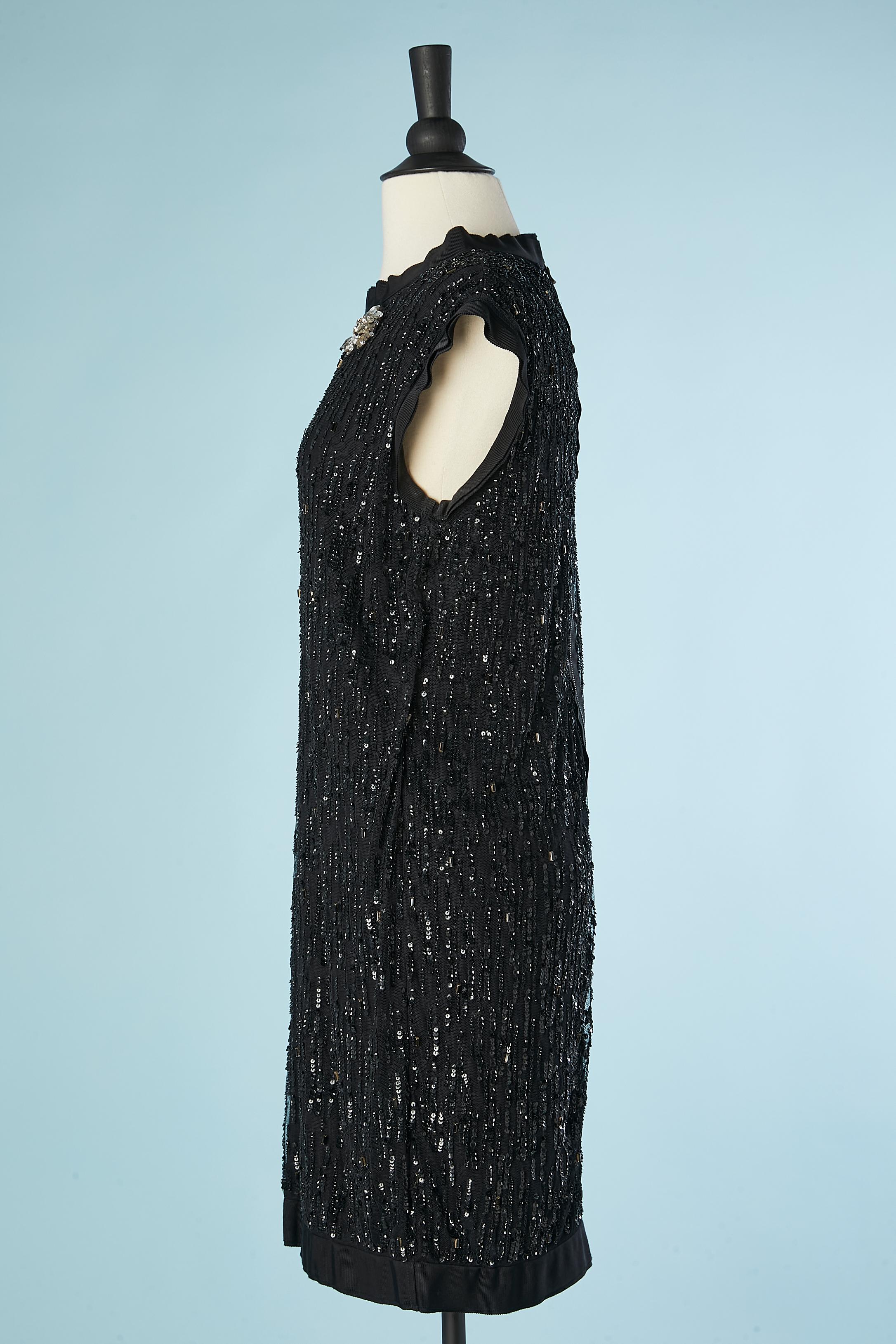 Black sequin dress on tulle base with rhinestone brooches Lanvin by Alber Elbaz For Sale 2