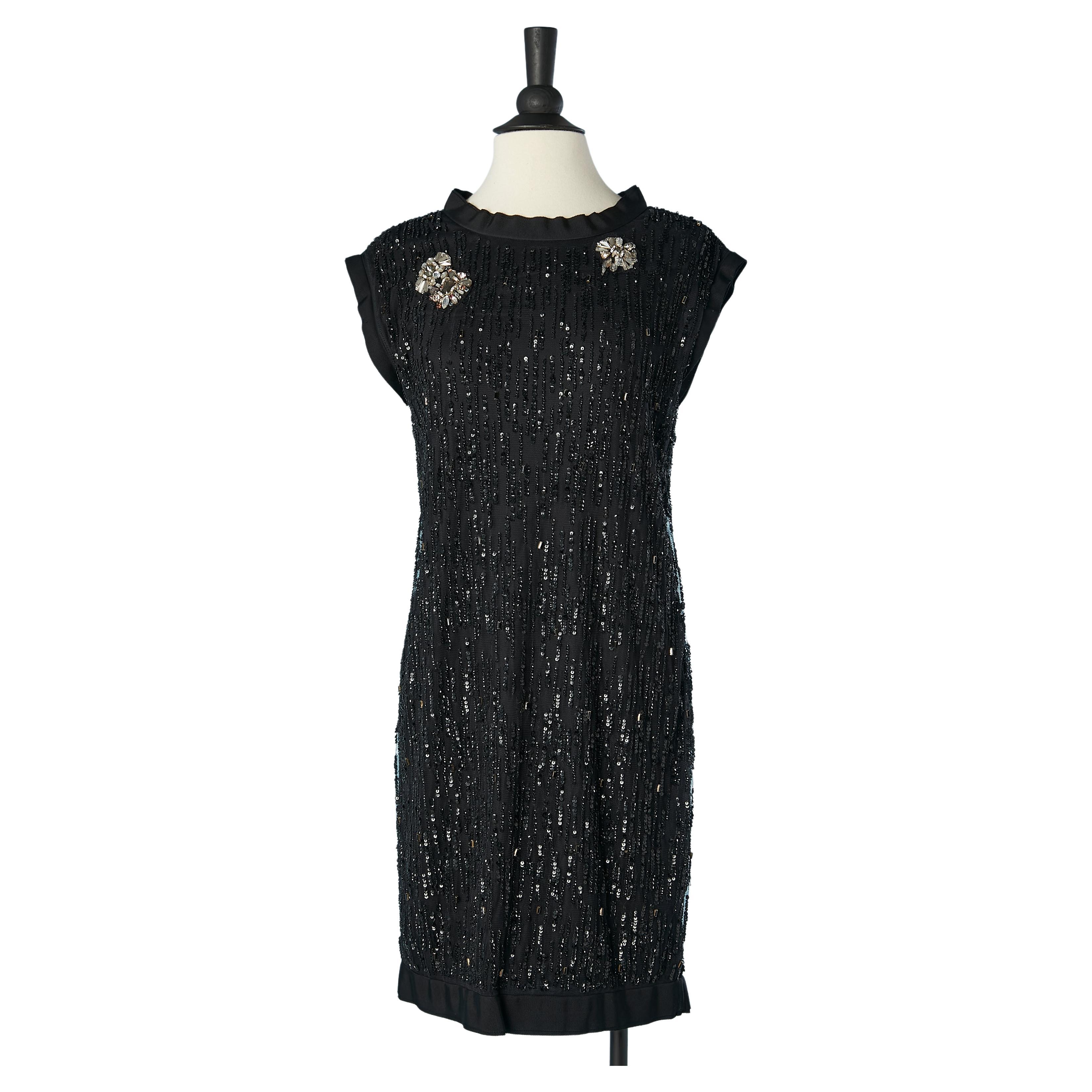Black sequin dress on tulle base with rhinestone brooches Lanvin by Alber Elbaz For Sale