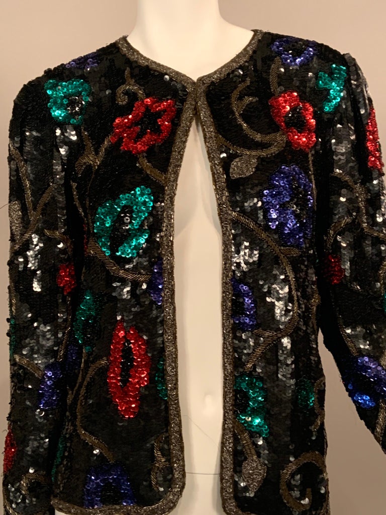 Black Sequin Jacket with Colorful Flower and Vine Decoration For Sale ...