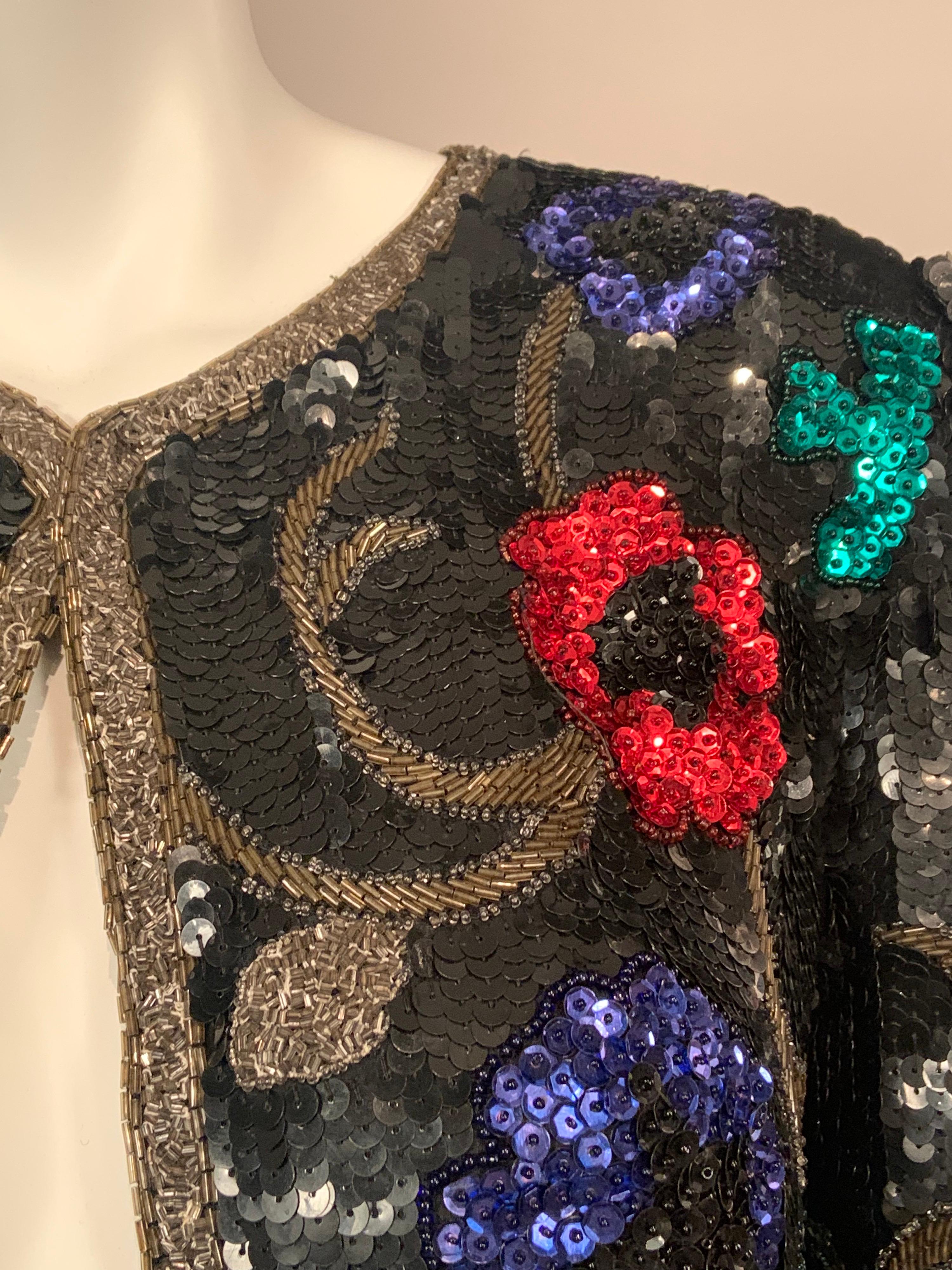 Chaqueta de lentejuelas negras con adornos de flores de colores y enredaderas Negro